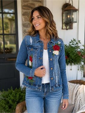 K. Jordan Embroidered Floral Denim Jacket Women’s Size 12 Stretch Distressed